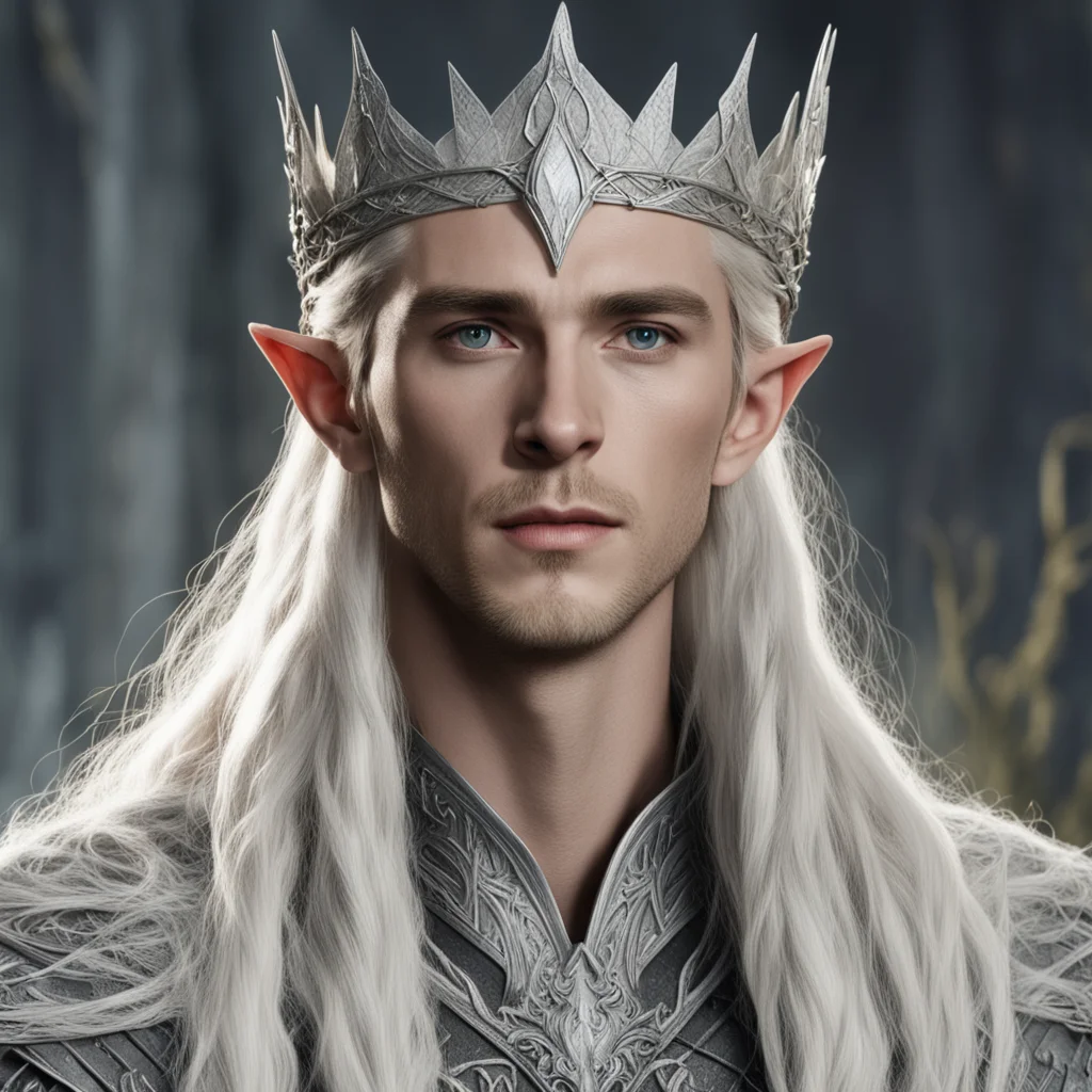 aiking thranduil with blond hair and braids wearing a silver sindarin elvish crown with large center diamond amazing awesome portrait 2