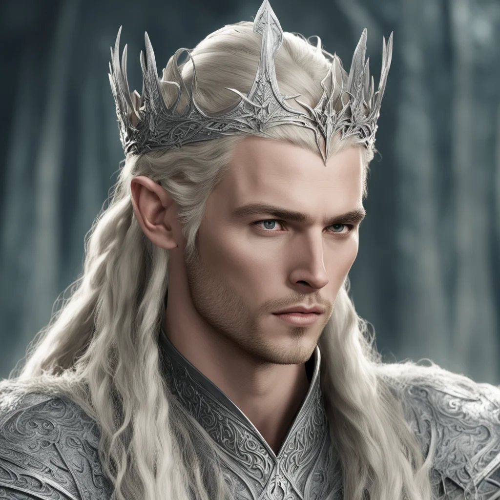 aiking thranduil with blond hair and braids wearing a silver sindarin elvish crown with large center diamond good looking trending fantastic 1
