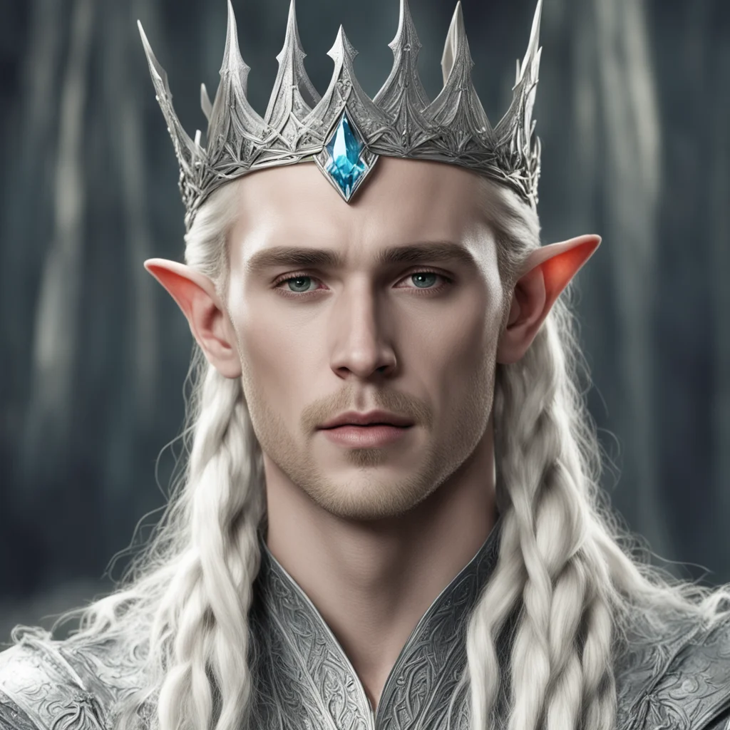 aiking thranduil with blond hair and braids wearing a silver sindarin elvish crown with large center diamond