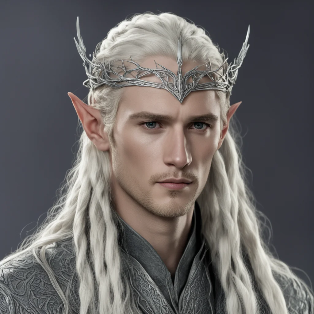 king thranduil with blond hair and braids wearing a small thin silver serpentine nandorin elvish circlet with center diamond good looking trending fantastic 1