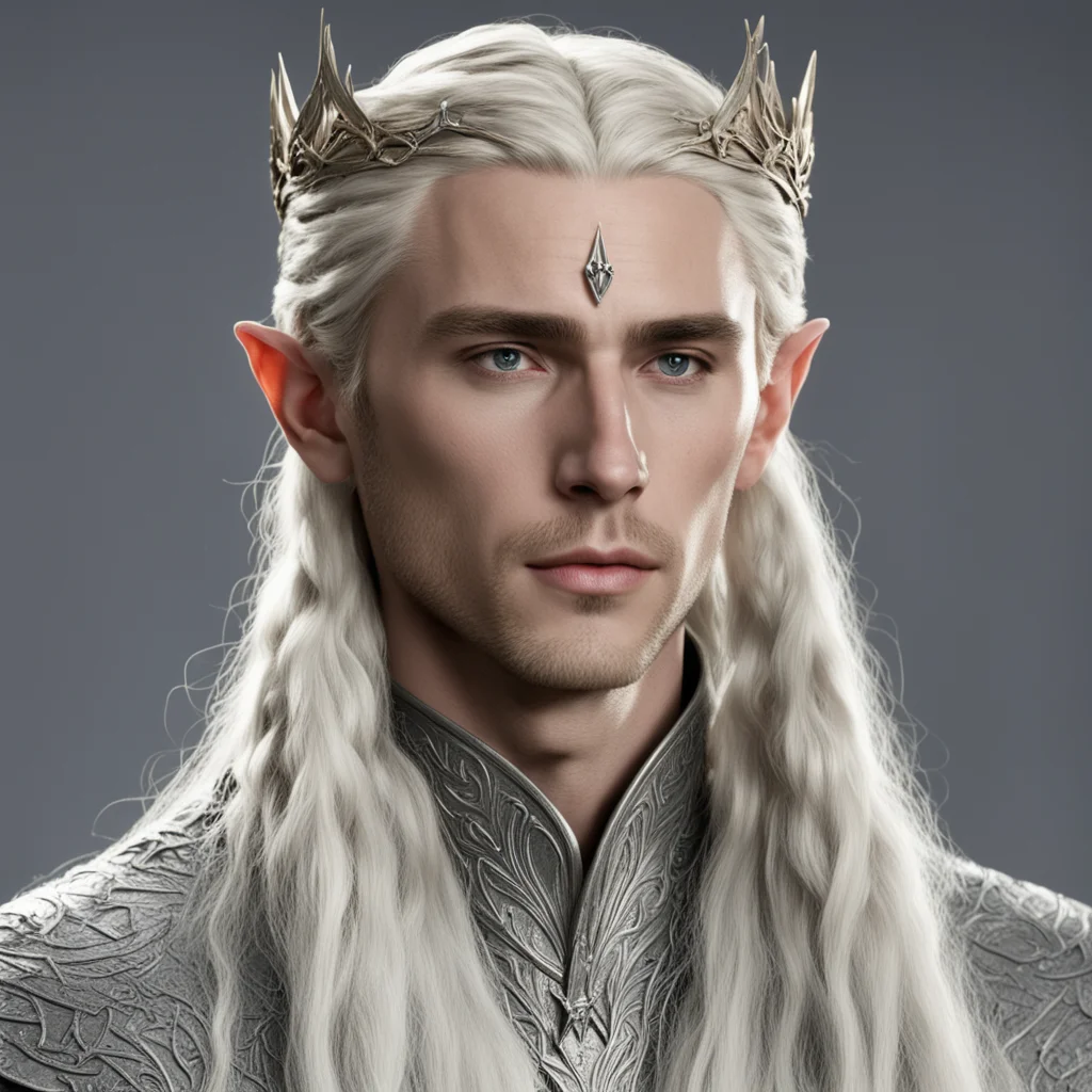 king thranduil with blond hair and braids wearing a small thin silver serpentine nandorin elvish circlet with center diamond