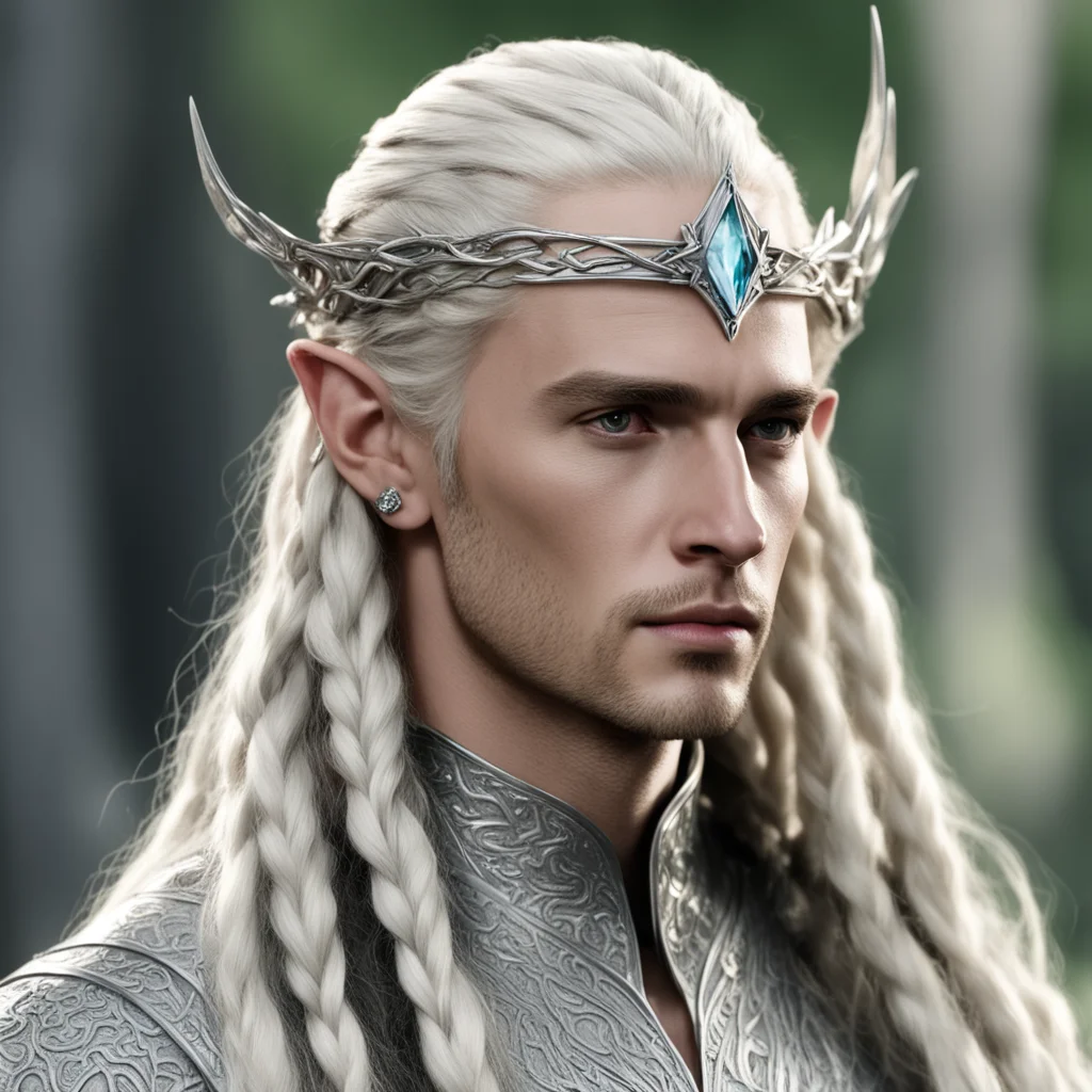 king thranduil with blond hair and braids wearing a small thin silver serpentine nandorin elvish circlet with large center diamond amazing awesome portrait 2