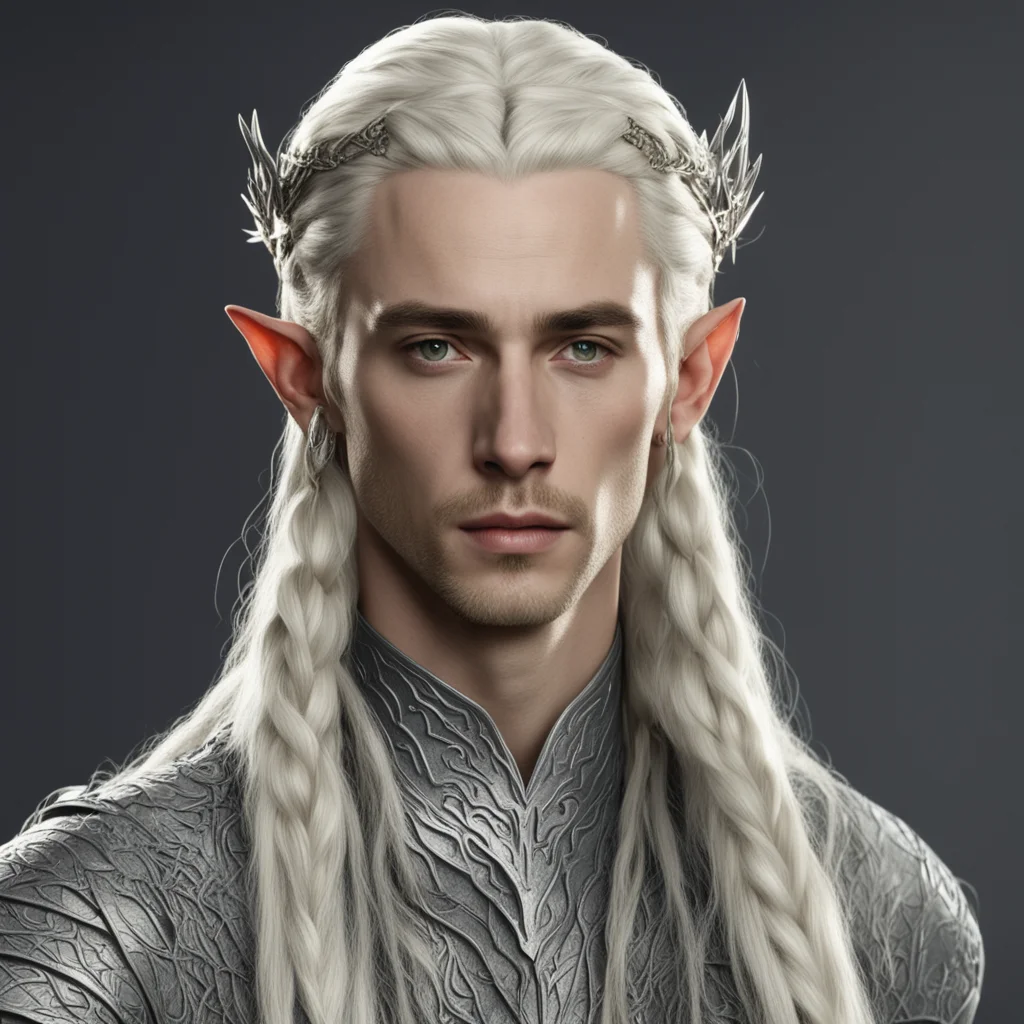 king thranduil with blond hair and braids wearing a small thin silver serpentine nandorin elvish circlet with large center diamond good looking trending fantastic 1