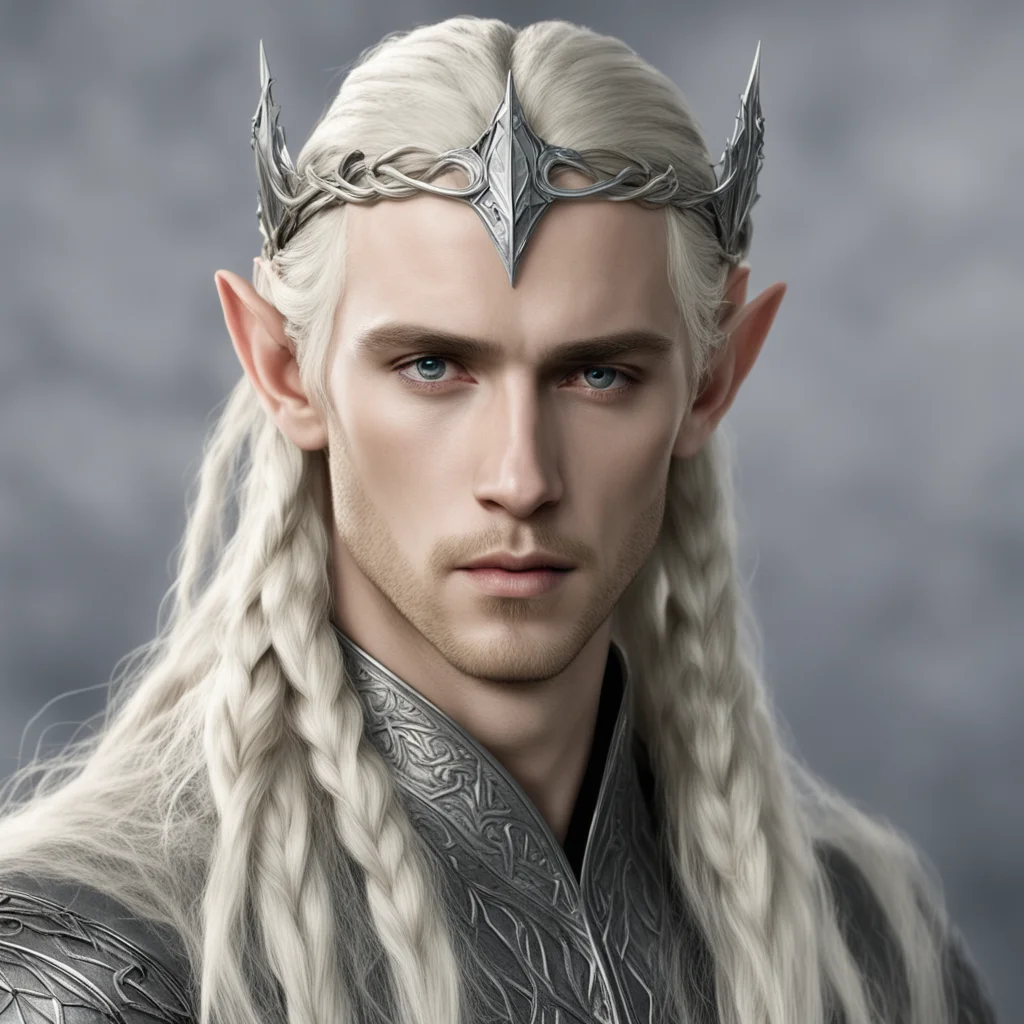 king thranduil with blond hair and braids wearing a small thin silver serpentine nandorin elvish circlet with large center diamond