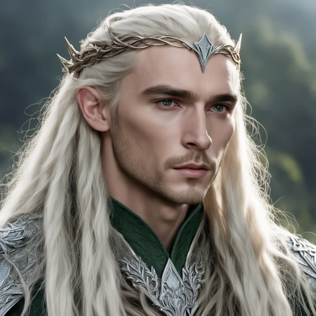 aiking thranduil with blond hair and braids wearing battle of the five armies silver elven circlet with  center diamond good looking trending fantastic 1