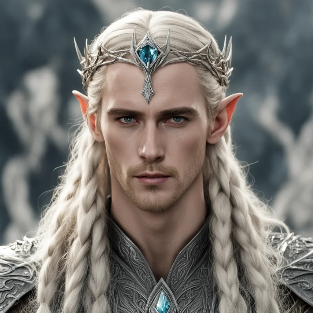 aiking thranduil with blond hair and braids wearing battle of the five armies silver elven circlet with large center diamond good looking trending fantastic 1