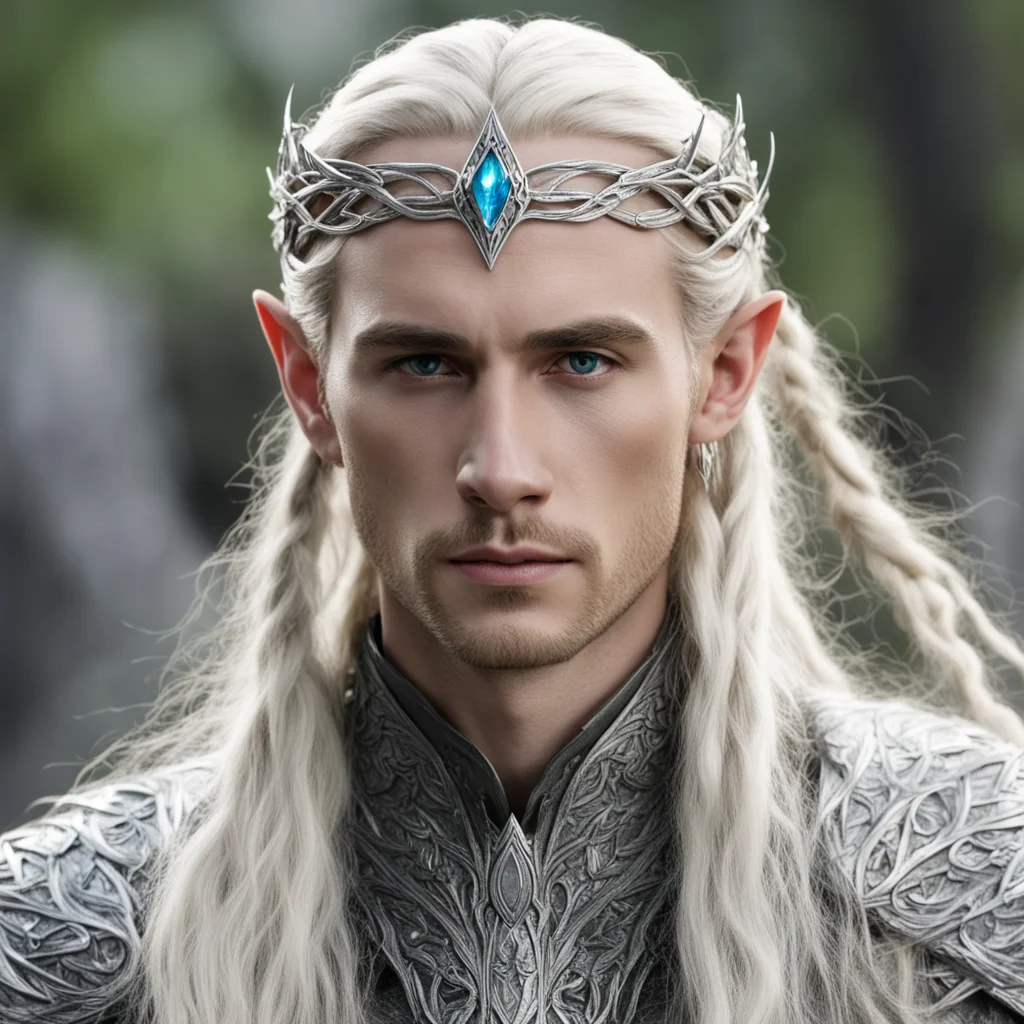 king thranduil with blond hair and braids wearing battle of the five armies silver elven circlet with large center white gem