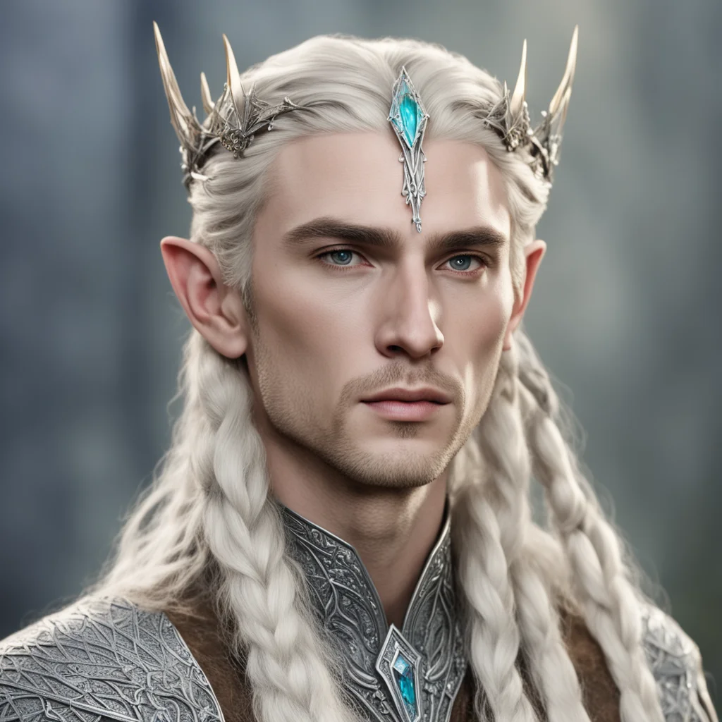 aiking thranduil with blond hair and braids wearing diamond elvish hair pins with silver elvish circlet with large center diamond  amazing awesome portrait 2