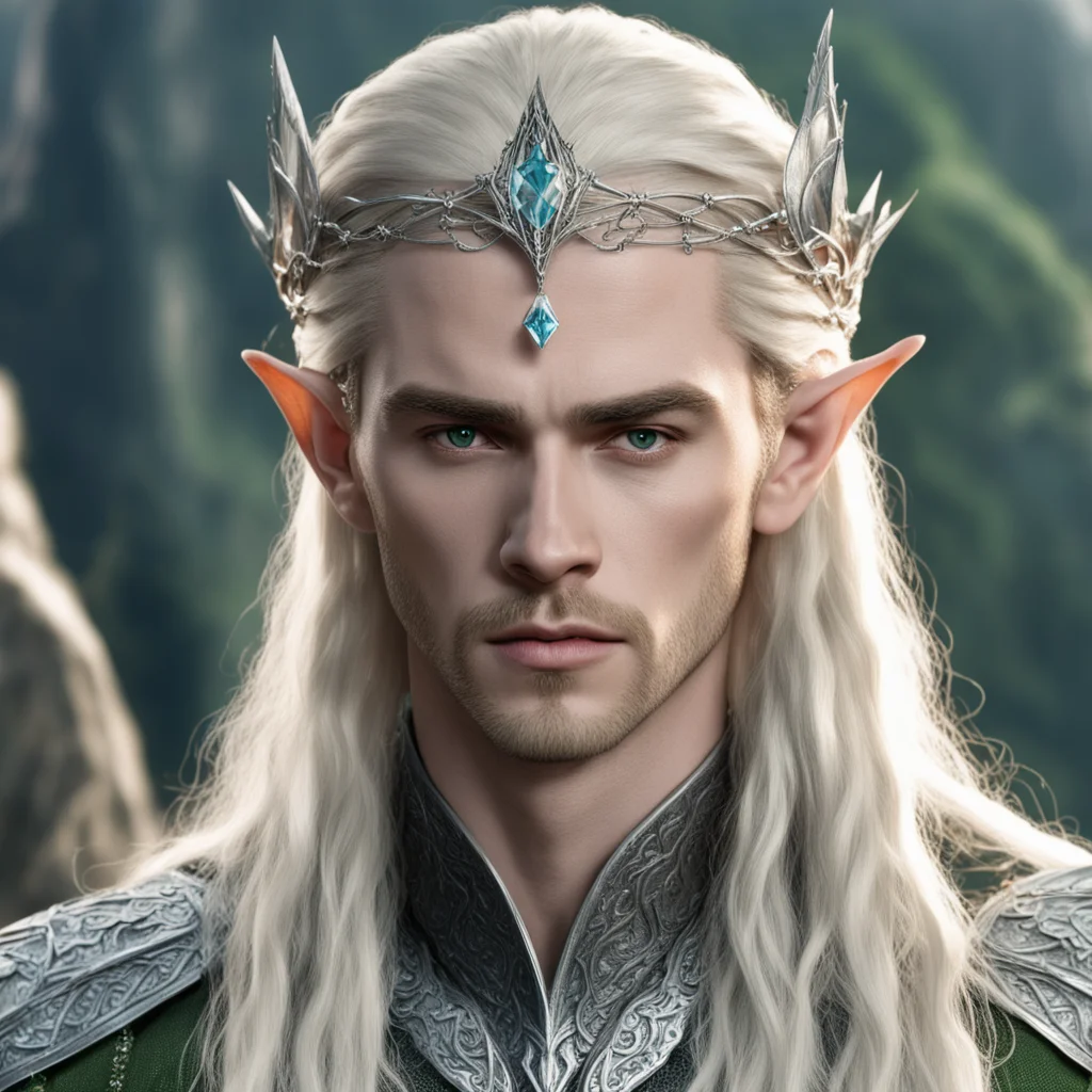 aiking thranduil with blond hair and braids wearing diamond elvish hair pins with silver elvish circlet with large center diamond 