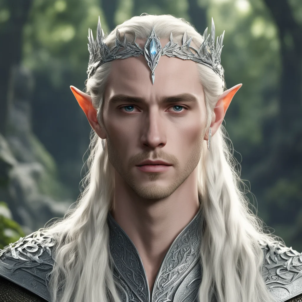 aiking thranduil with blond hair and braids wearing elvish circlet composed of small silver leaves encrusted with diamonds and large center diamond amazing awesome portrait 2