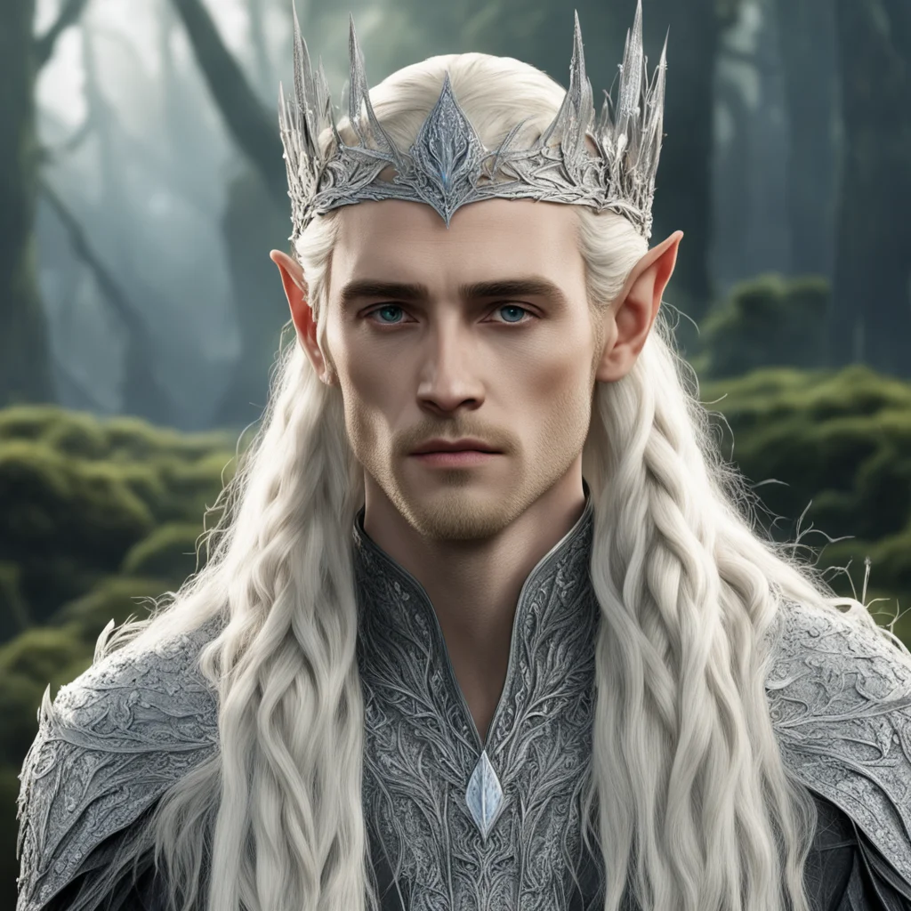 aiking thranduil with blond hair and braids wearing elvish circlet composed of small silver leaves encrusted with diamonds and large center diamond confident engaging wow artstation art 3