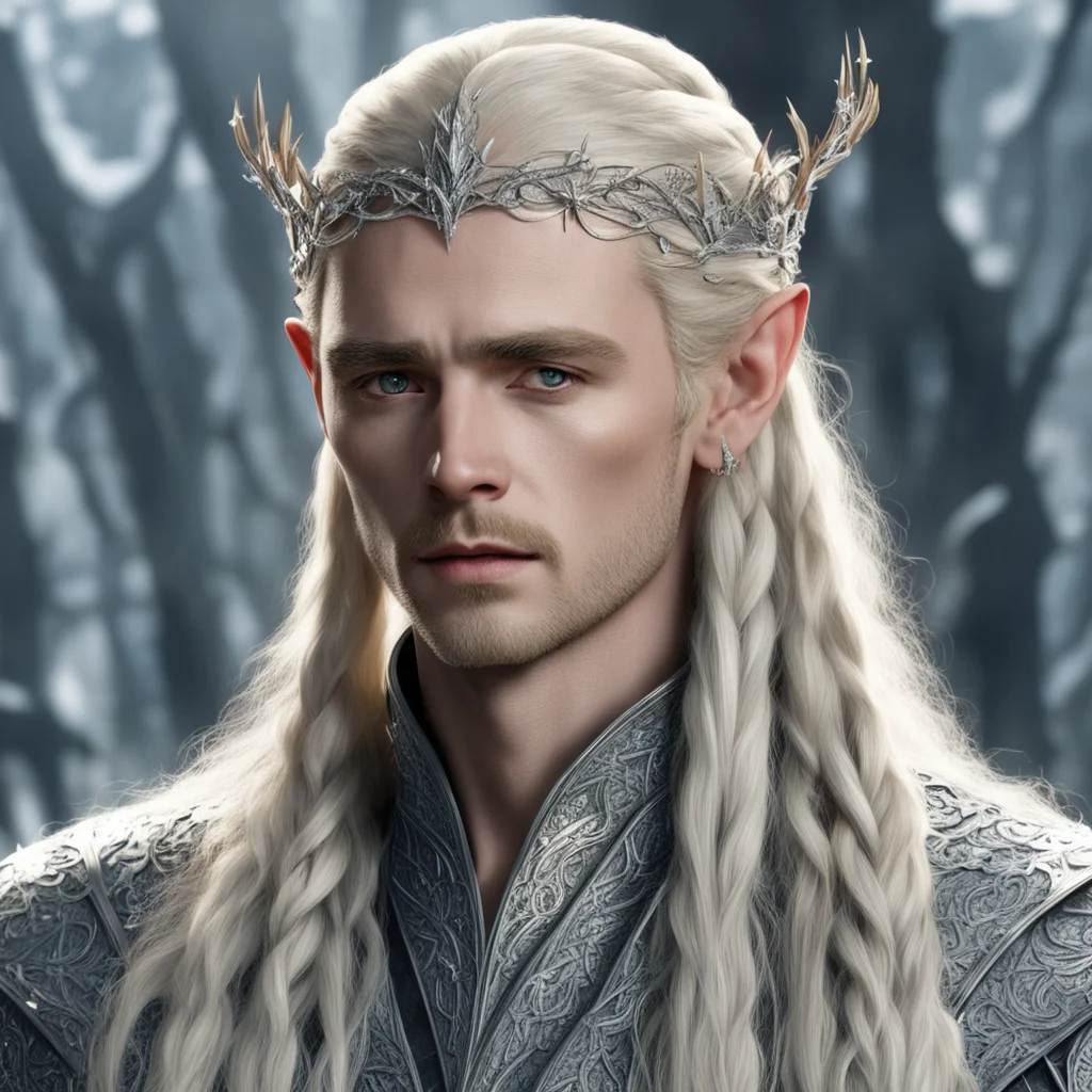 aiking thranduil with blond hair and braids wearing elvish circlet composed of small silver leaves encrusted with diamonds and large center diamond good looking trending fantastic 1