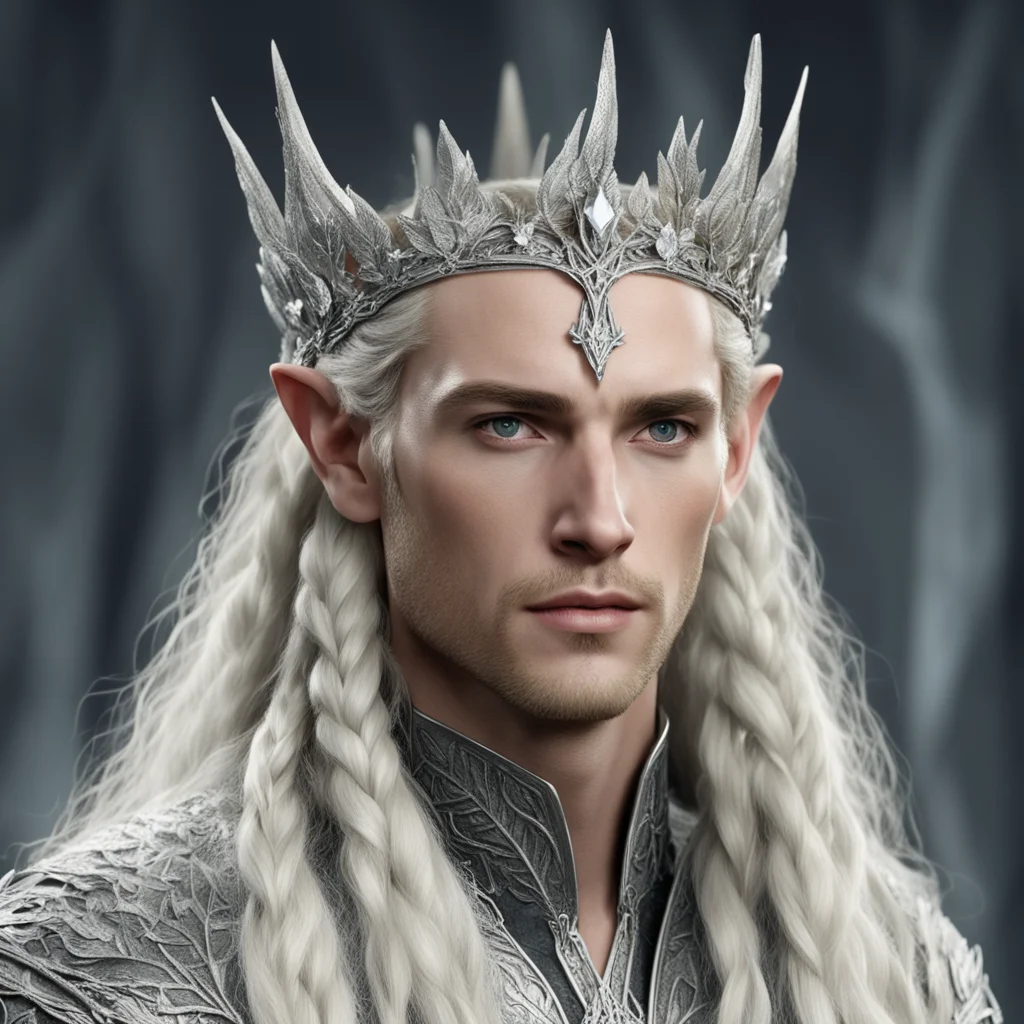 aiking thranduil with blond hair and braids wearing elvish circlet composed of small silver leaves encrusted with diamonds and large center diamond