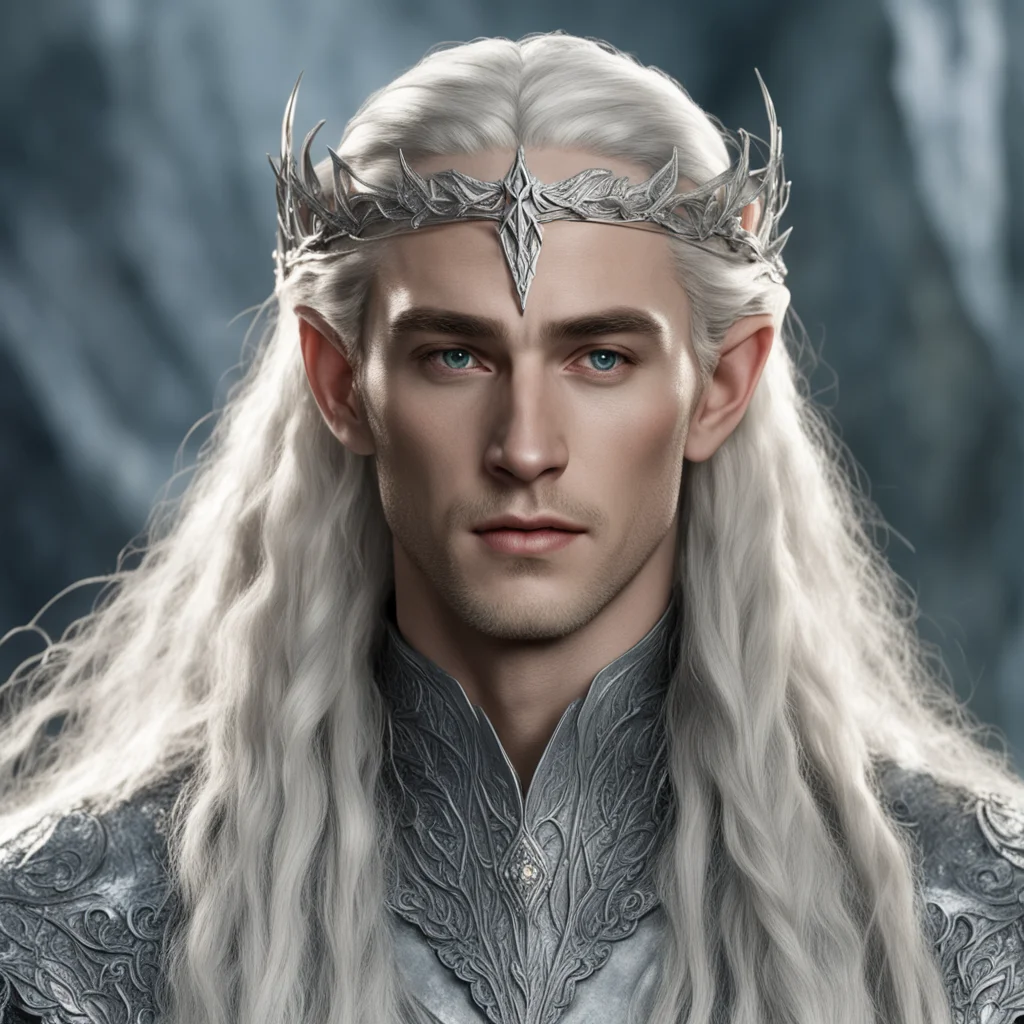 king thranduil with blond hair and braids wearing elvish silver hair forks with diamonds with silver elvish circlet with large center diamond confident engaging wow artstation art 3