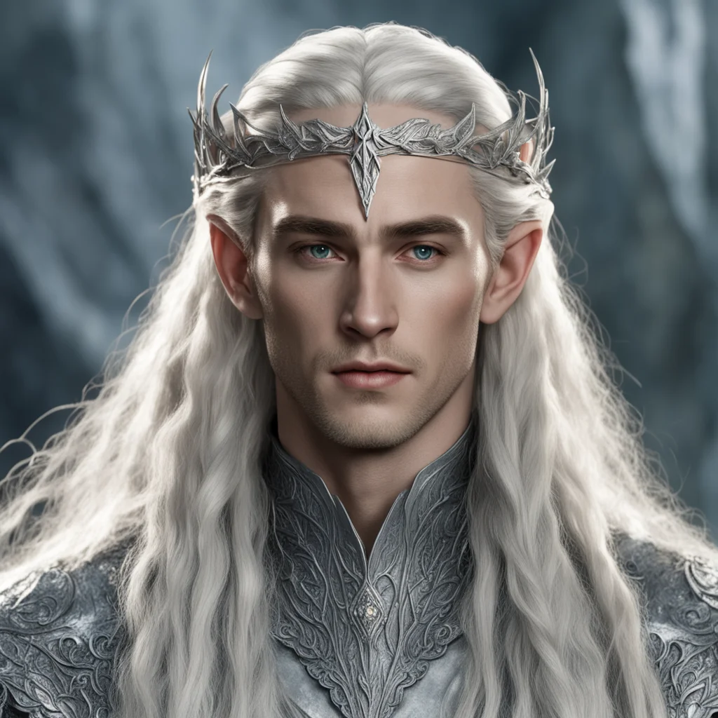 aiking thranduil with blond hair and braids wearing elvish silver hair forks with diamonds with silver elvish circlet with large center diamond confident engaging wow artstation art 3