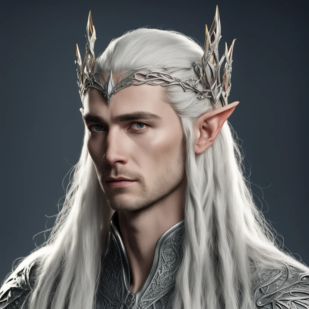 aiking thranduil with blond hair and braids wearing elvish silver hair forks with diamonds with silver elvish circlet with large center diamond good looking trending fantastic 1