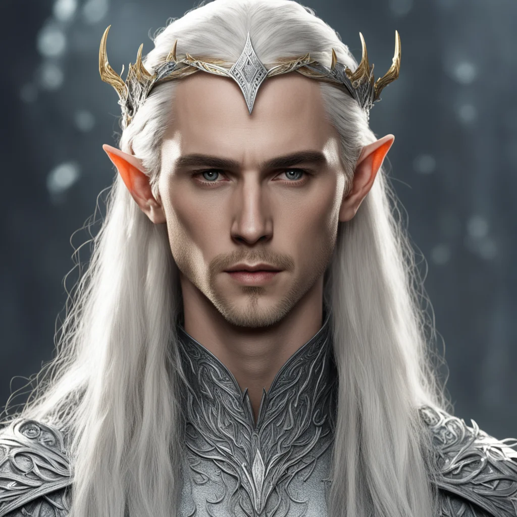 aiking thranduil with blond hair and braids wearing elvish silver hair forks with diamonds with silver elvish circlet with large center diamond