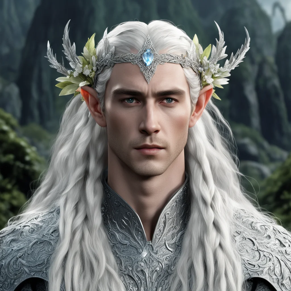 aiking thranduil with blond hair and braids wearing flowers made of silver encrusted with diamonds to form silver elvish circlet with large center diamond amazing awesome portrait 2