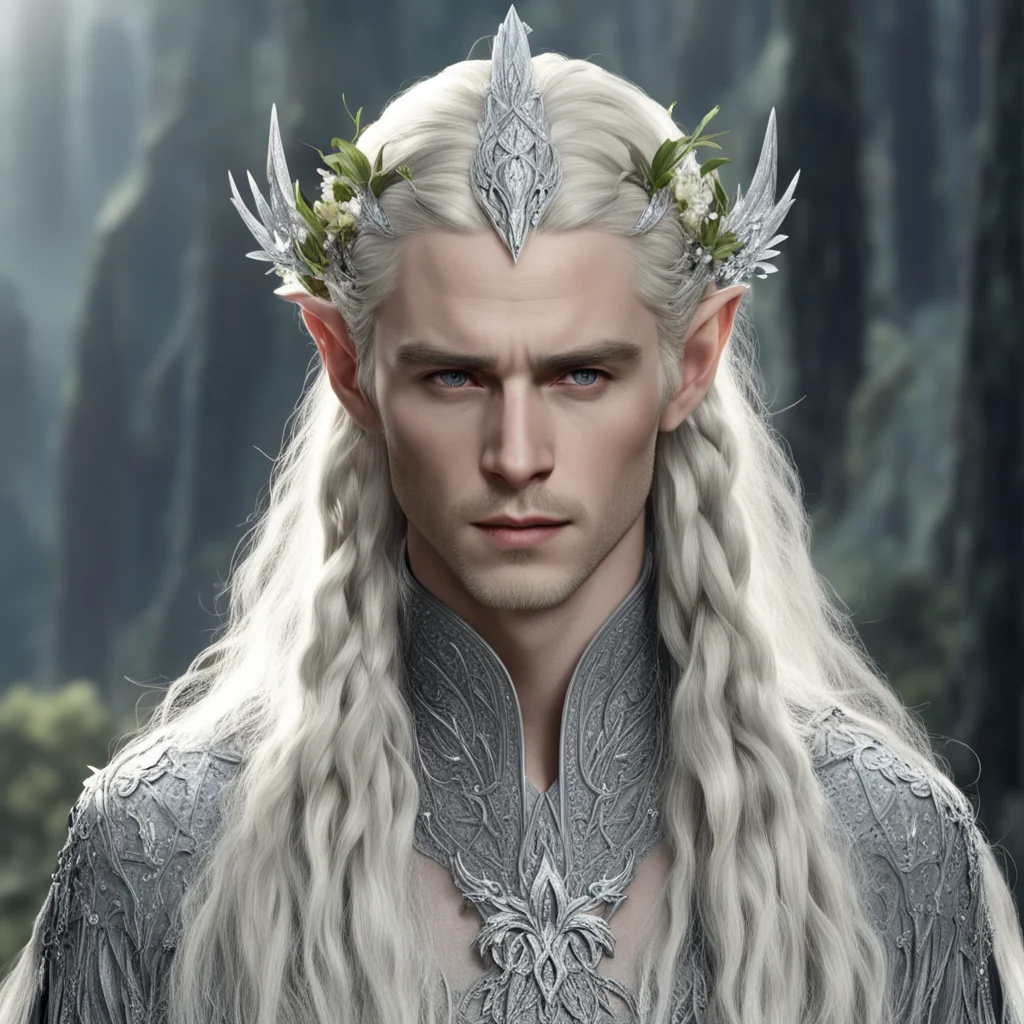 aiking thranduil with blond hair and braids wearing flowers made of silver encrusted with diamonds to form silver elvish circlet with large center diamond good looking trending fantastic 1
