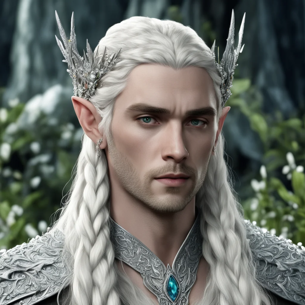 aiking thranduil with blond hair and braids wearing flowers made of silver encrusted with diamonds to form silver elvish circlet with large center diamond
