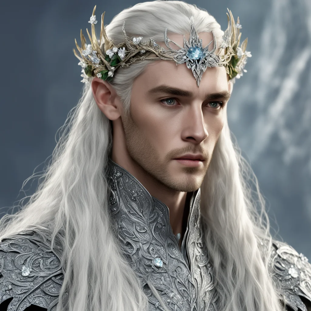king thranduil with blond hair and braids wearing flowers of silver heavily encrusted with diamonds connected to form silver elvish circlet with large center diamond amazing awesome portrait 2