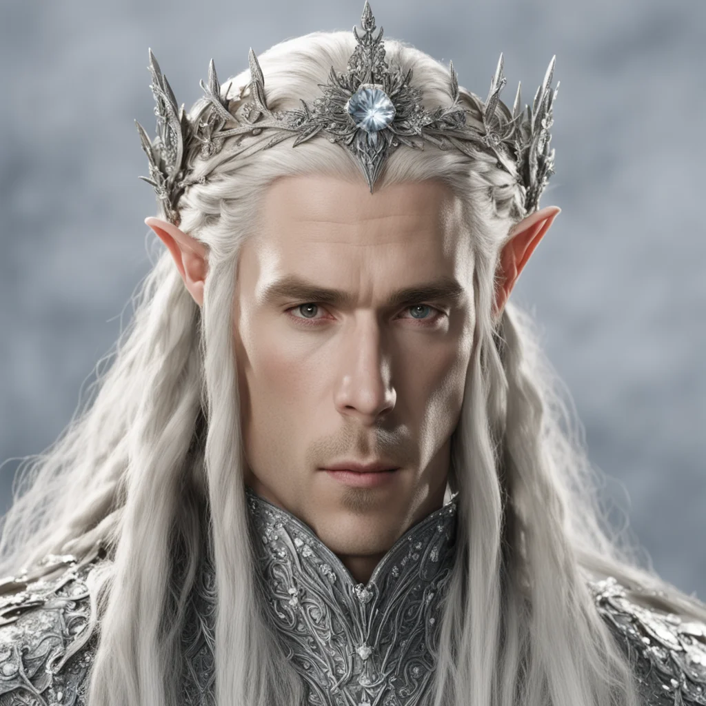 king thranduil with blond hair and braids wearing flowers of silver heavily encrusted with diamonds connected to form silver elvish circlet with large center diamond confident engaging wow artstatio