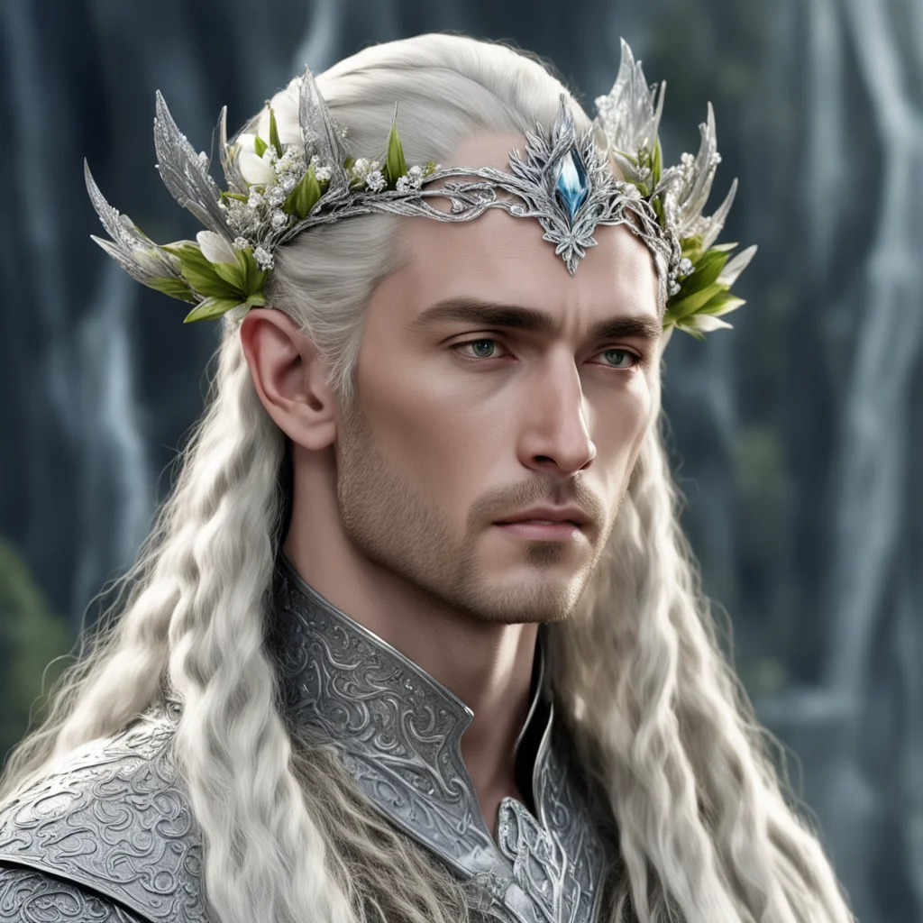 aiking thranduil with blond hair and braids wearing flowers of silver heavily encrusted with diamonds connected to form silver elvish circlet with large center diamond
