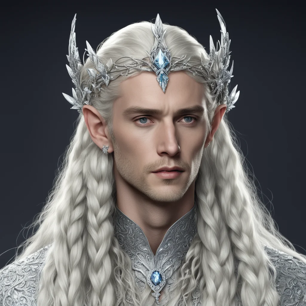 king thranduil with blond hair and braids wearing flowers of silver heavily encrusted with large diamonds joined together to form silver elvish circlet with large center diamond confident engaging w