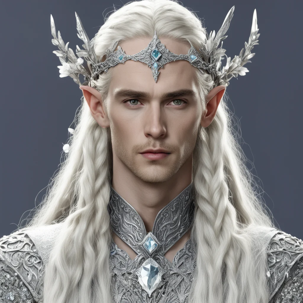 king thranduil with blond hair and braids wearing flowers of silver heavily encrusted with large diamonds joined together to form silver elvish circlet with large center diamond