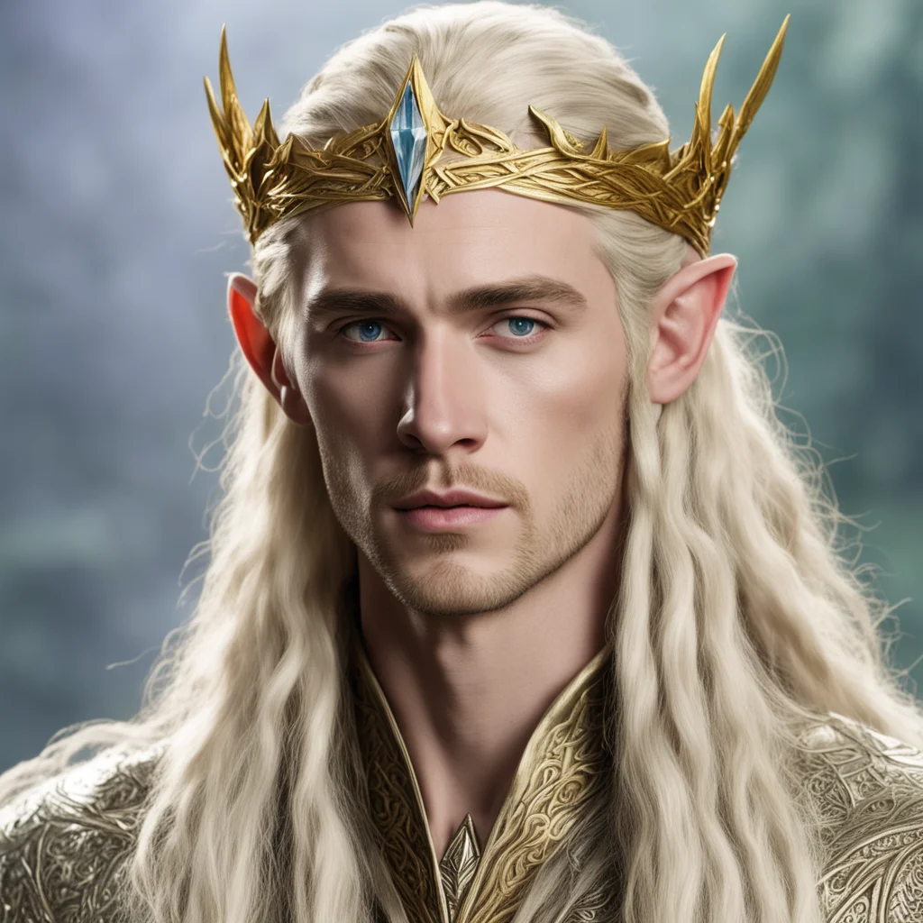 aiking thranduil with blond hair and braids wearing gold the hobbit elvish circlet with large center diamond