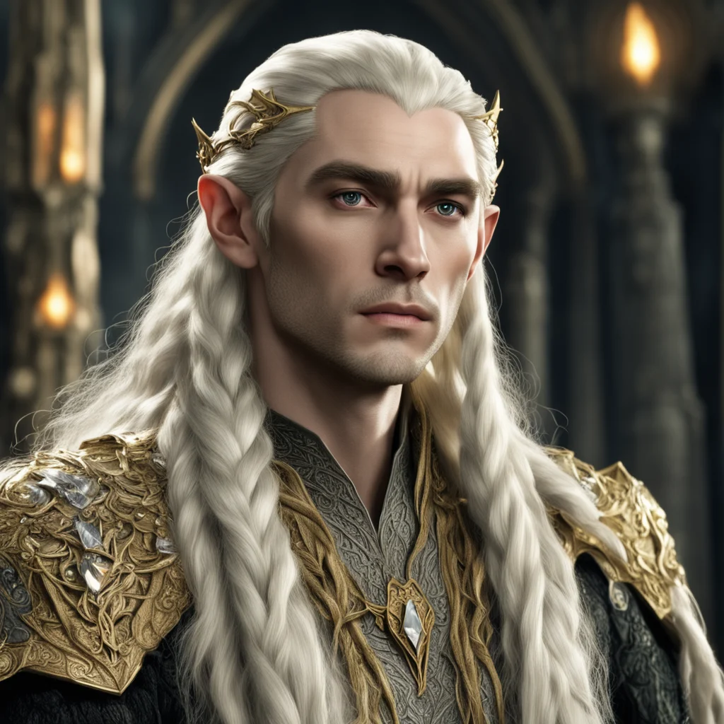 king thranduil with blond hair and braids wearing gold the hobbit elvish coroner with clusters of diamonds and large center diamond  confident engaging wow artstation art 3