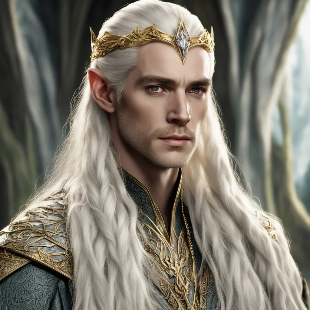 aiking thranduil with blond hair and braids wearing gold the hobbit elvish coroner with clusters of diamonds and large center diamond  good looking trending fantastic 1