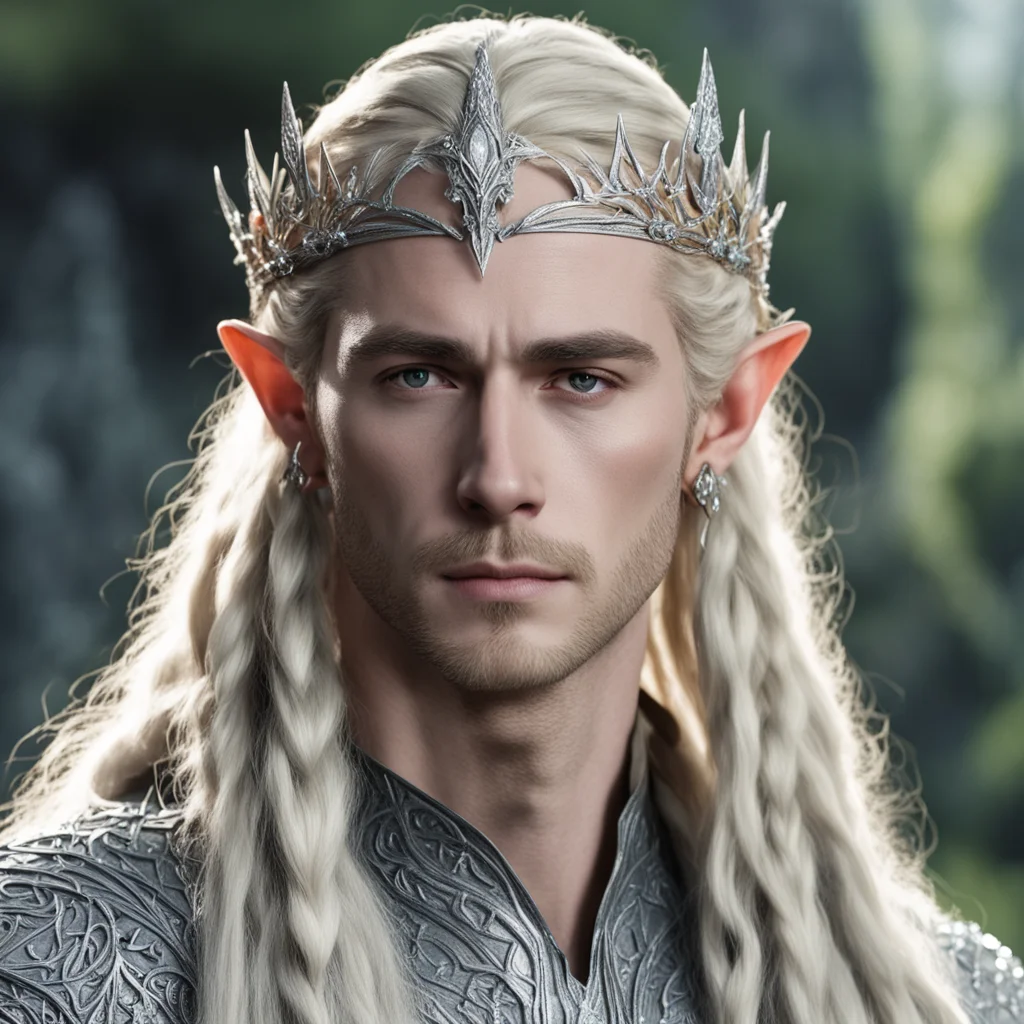 aiking thranduil with blond hair and braids wearing half silver elvish circlet encrusted with diamonds with center diamond good looking trending fantastic 1