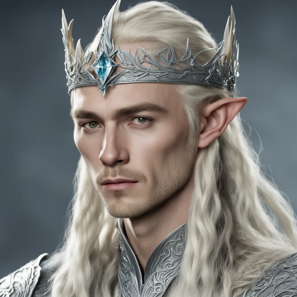 king thranduil with blond hair and braids wearing half silver elvish circlet encrusted with diamonds with center diamond