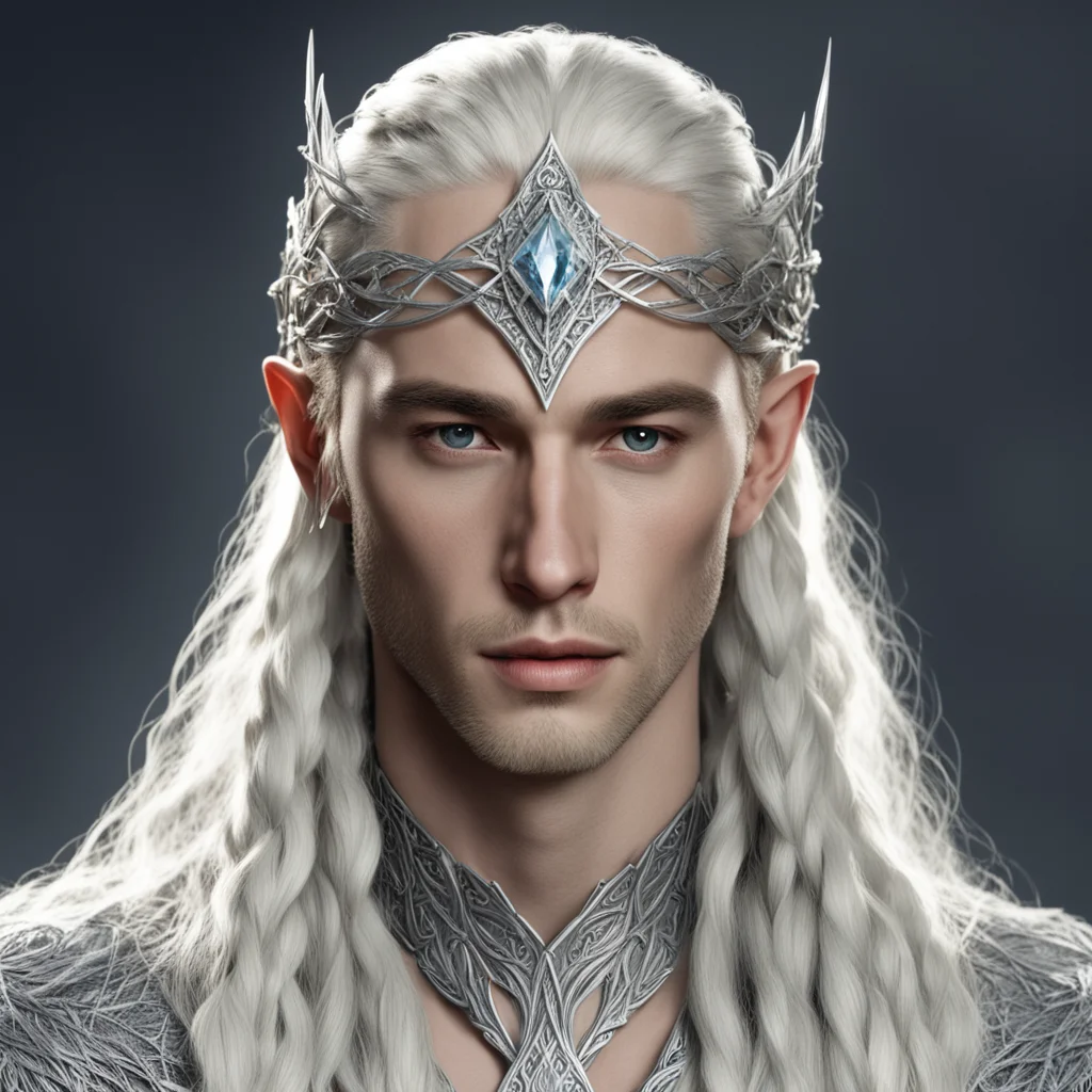 aiking thranduil with blond hair and braids wearing interwoven strings of silver and dimonds with silver elvish circlet with large center diamond amazing awesome portrait 2