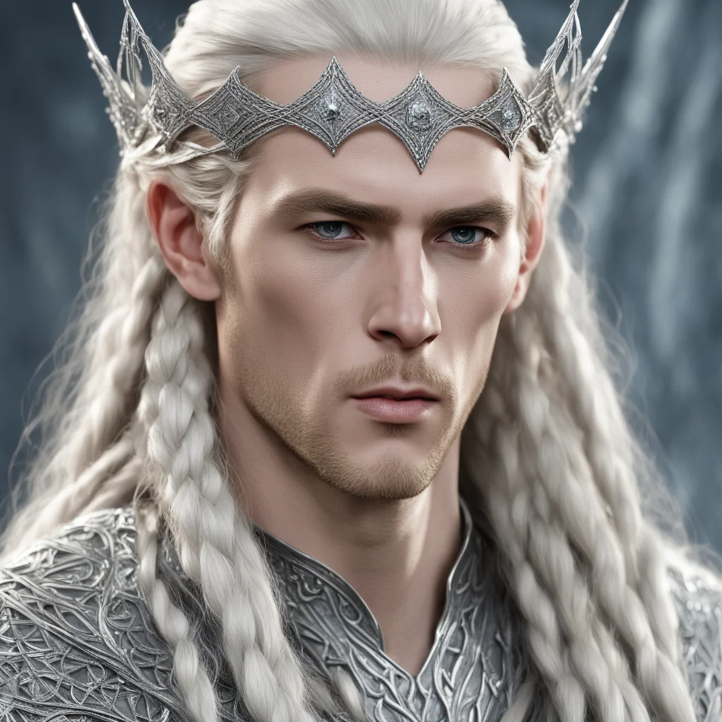 aiking thranduil with blond hair and braids wearing interwoven strings of silver and dimonds with silver elvish circlet with large center diamond good looking trending fantastic 1