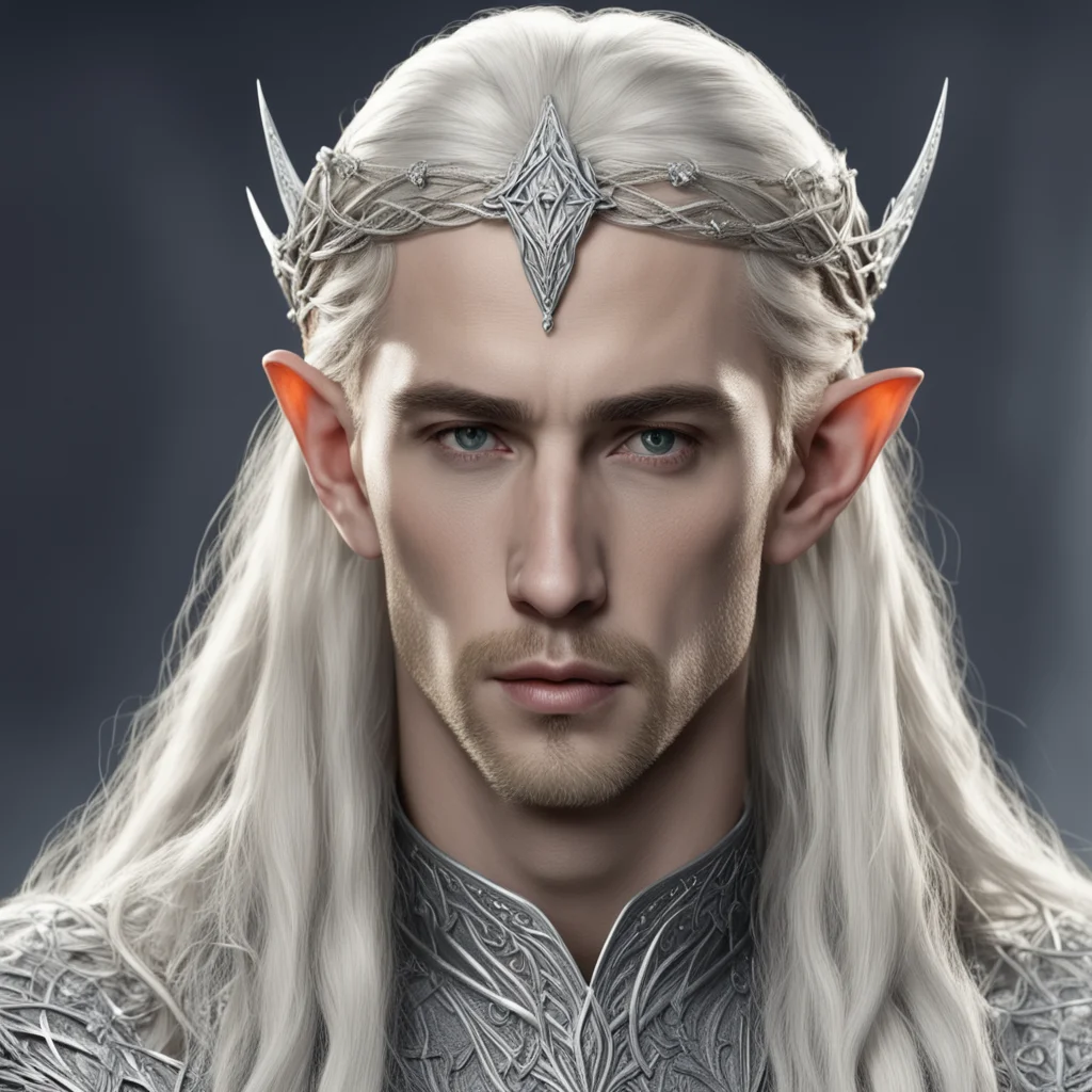 aiking thranduil with blond hair and braids wearing interwoven strings of silver and dimonds with silver elvish circlet with large center diamond