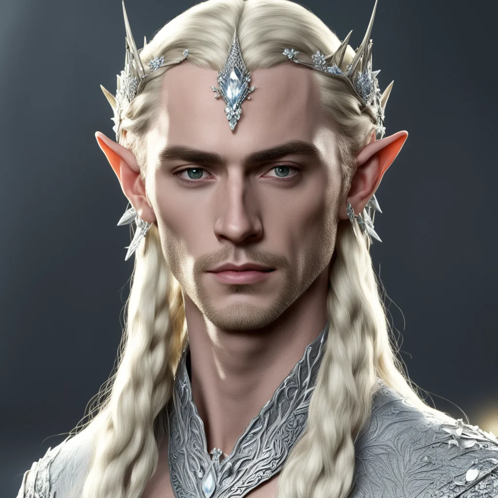 king thranduil with blond hair and braids wearing large clusters of diamonds to form a silver elvish circlet with large center diamond amazing awesome portrait 2