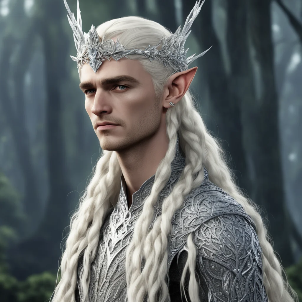 aiking thranduil with blond hair and braids wearing large clusters of diamonds to form a silver elvish circlet with large center diamond confident engaging wow artstation art 3