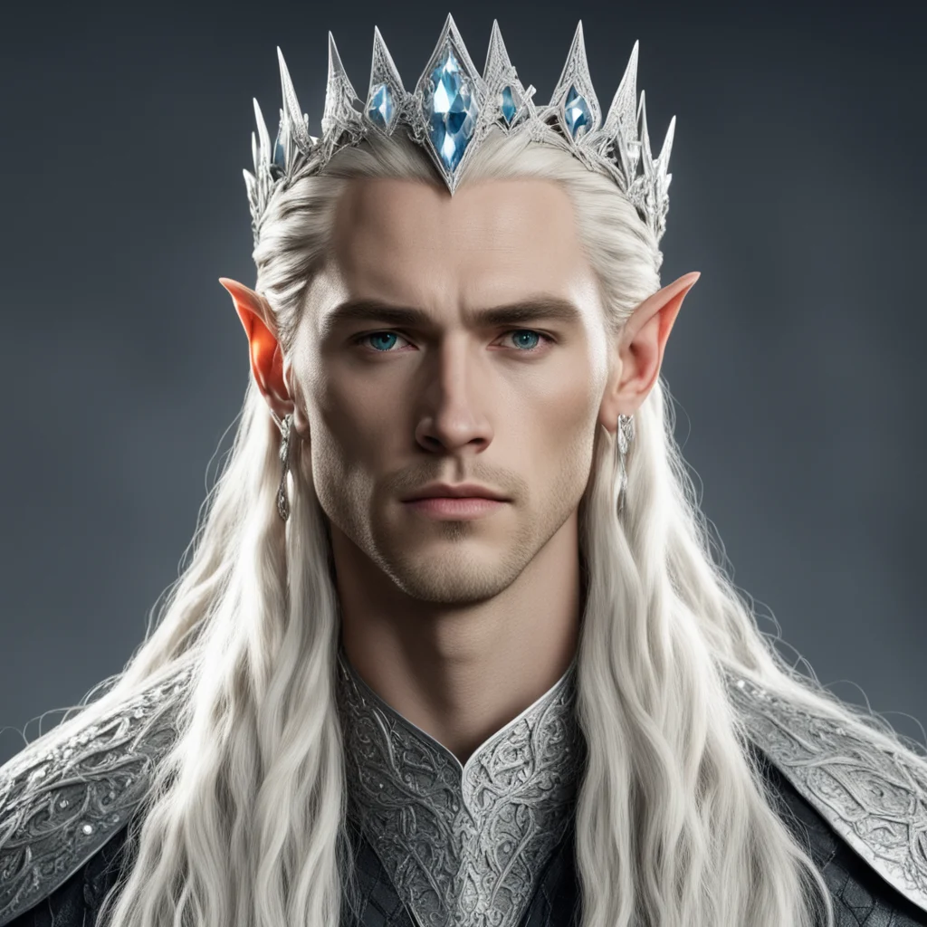 aiking thranduil with blond hair and braids wearing large clusters of diamonds to form a silver elvish circlet with large center diamond