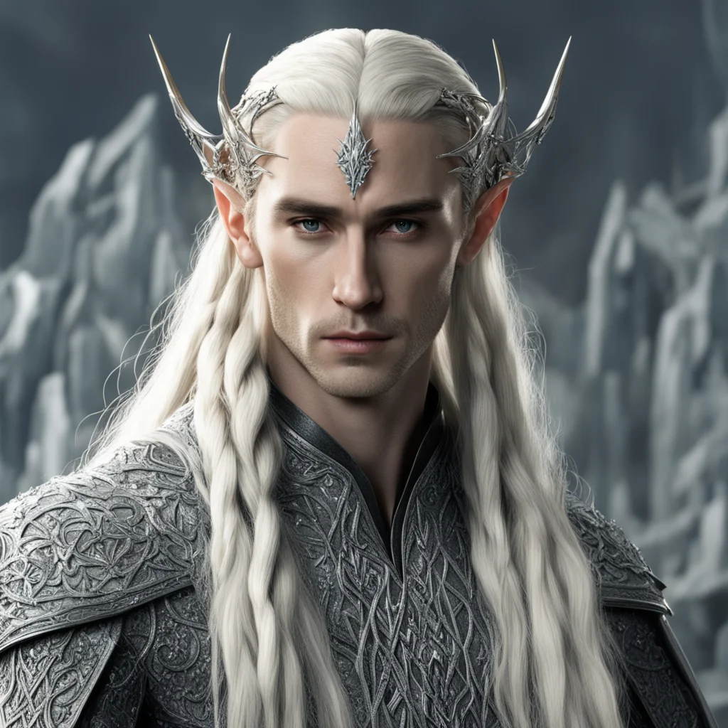 king thranduil with blond hair and braids wearing large diamond at center of forehead attached to large silver elvish hair forks that are encrusted with large diamonds amazing awesome portrait 2.web