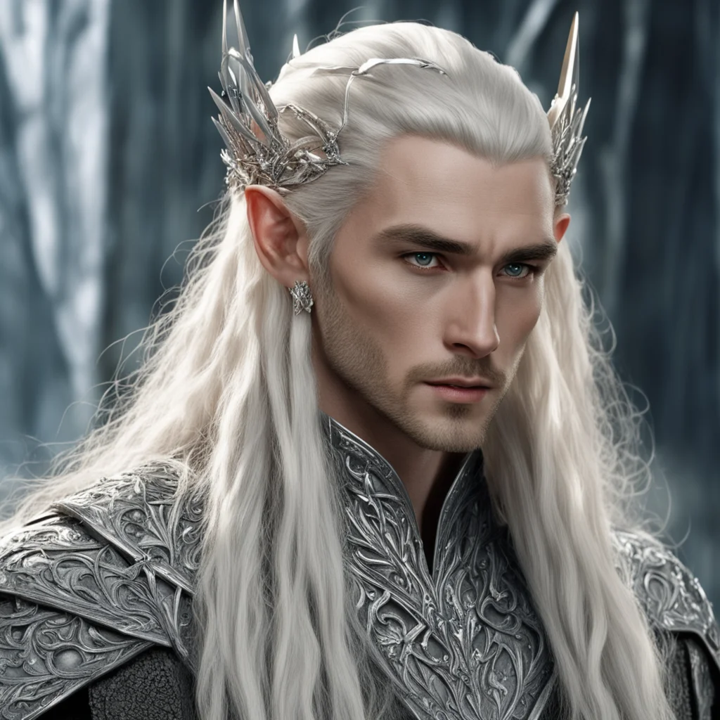 king thranduil with blond hair and braids wearing large diamond at center of forehead attached to large silver elvish hair forks that are encrusted with large diamonds confident engaging wow artstat