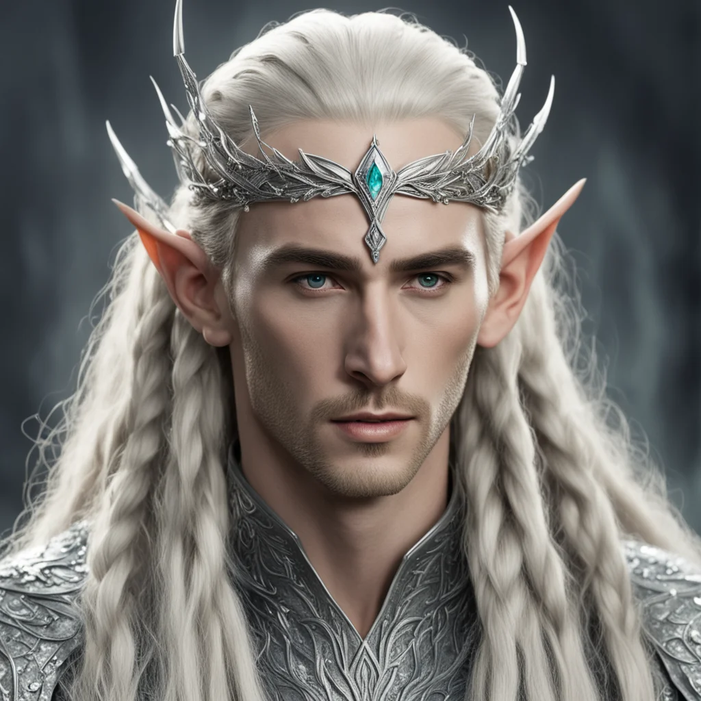 king thranduil with blond hair and braids wearing large diamond at center of forehead attached to large silver elvish hair forks that are encrusted with large diamonds good looking trending fantasti