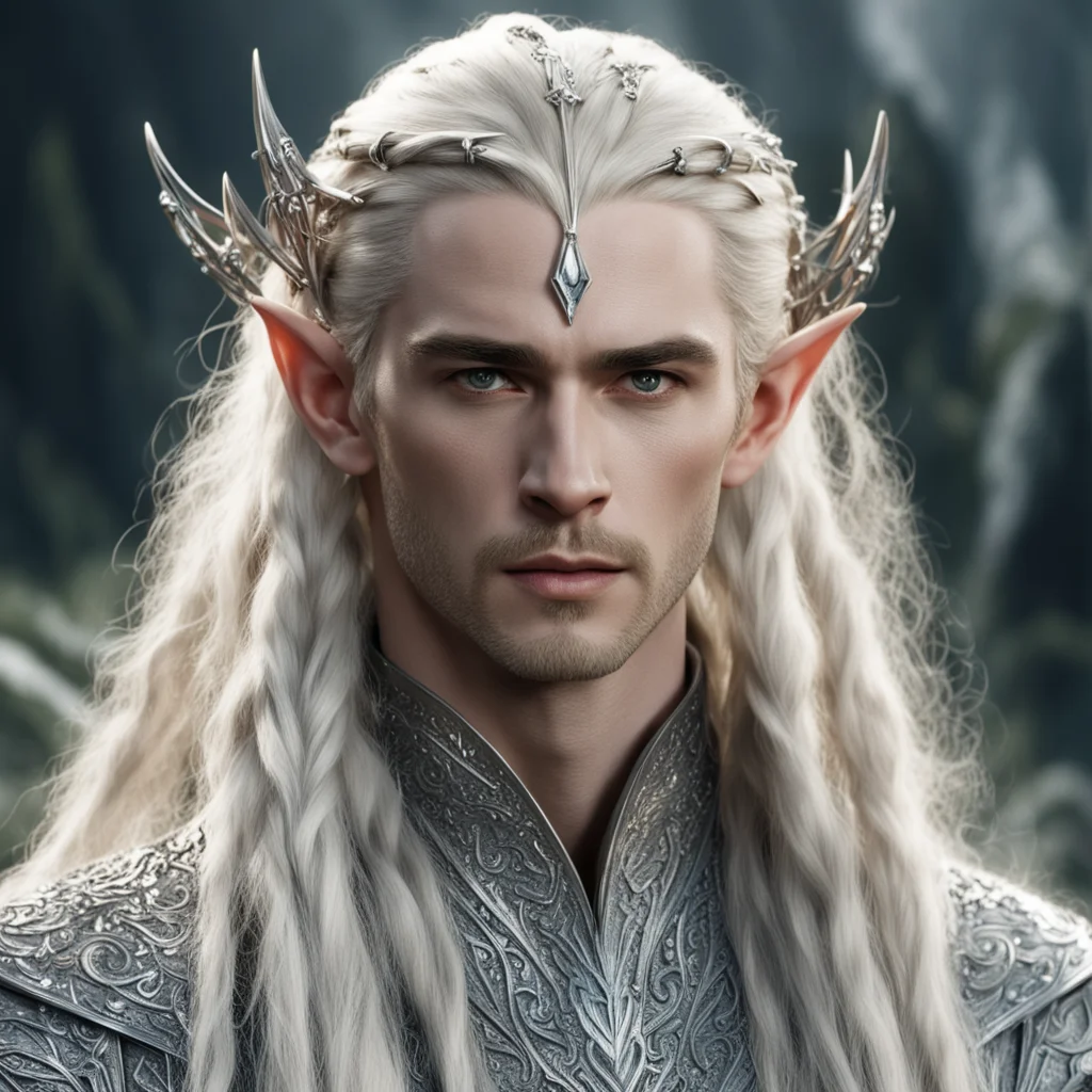 king thranduil with blond hair and braids wearing large diamond at center of forehead attached to large silver elvish hair forks that are encrusted with large diamonds