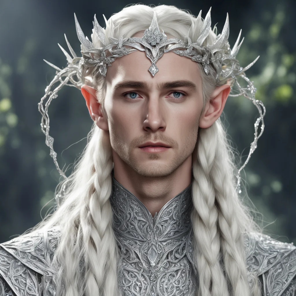 king thranduil with blond hair and braids wearing large flowers of silver heavily encrusted with diamonds joined together to form a silver elvish circlet with large center diamond amazing awesome po
