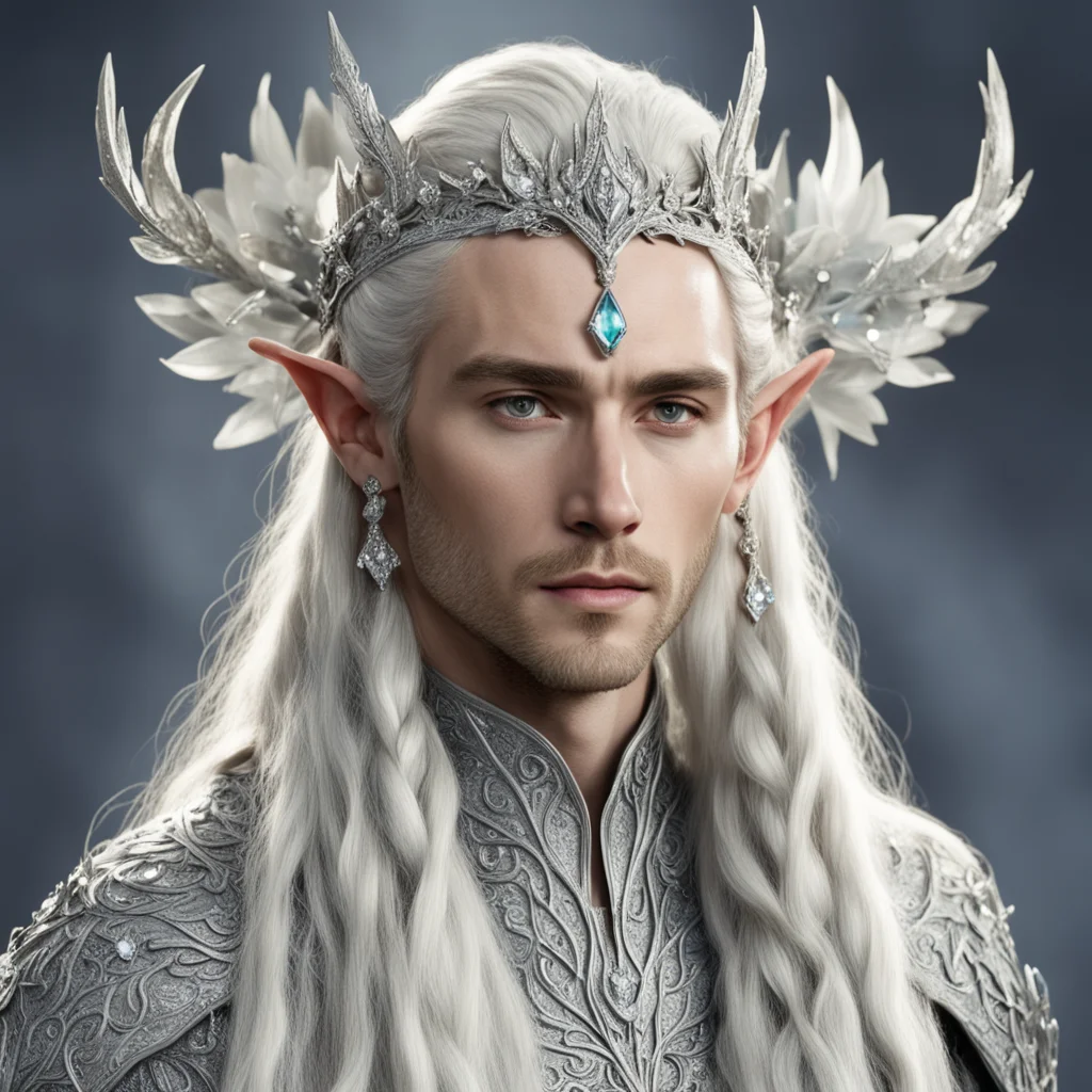 king thranduil with blond hair and braids wearing large flowers of silver heavily encrusted with diamonds joined together to form a silver elvish circlet with large center diamond confident engaging
