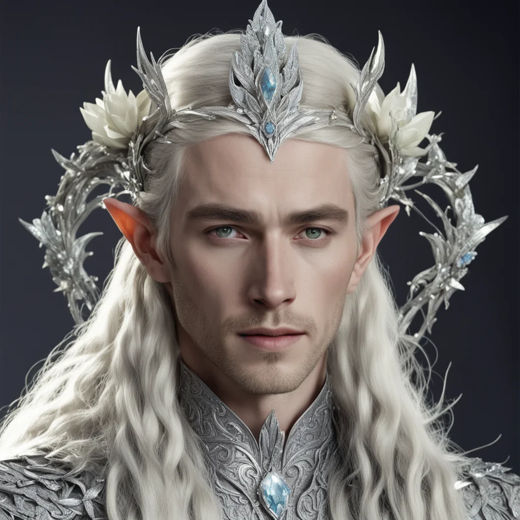 aiking thranduil with blond hair and braids wearing large flowers of silver heavily encrusted with diamonds joined together to form a silver elvish circlet with large center diamond