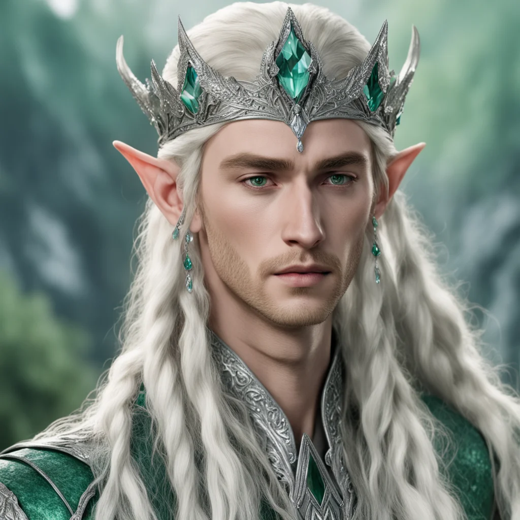 aiking thranduil with blond hair and braids wearing large front facing silver wood elven circlet encrusted with diamonds with large center greenish diamond amazing awesome portrait 2