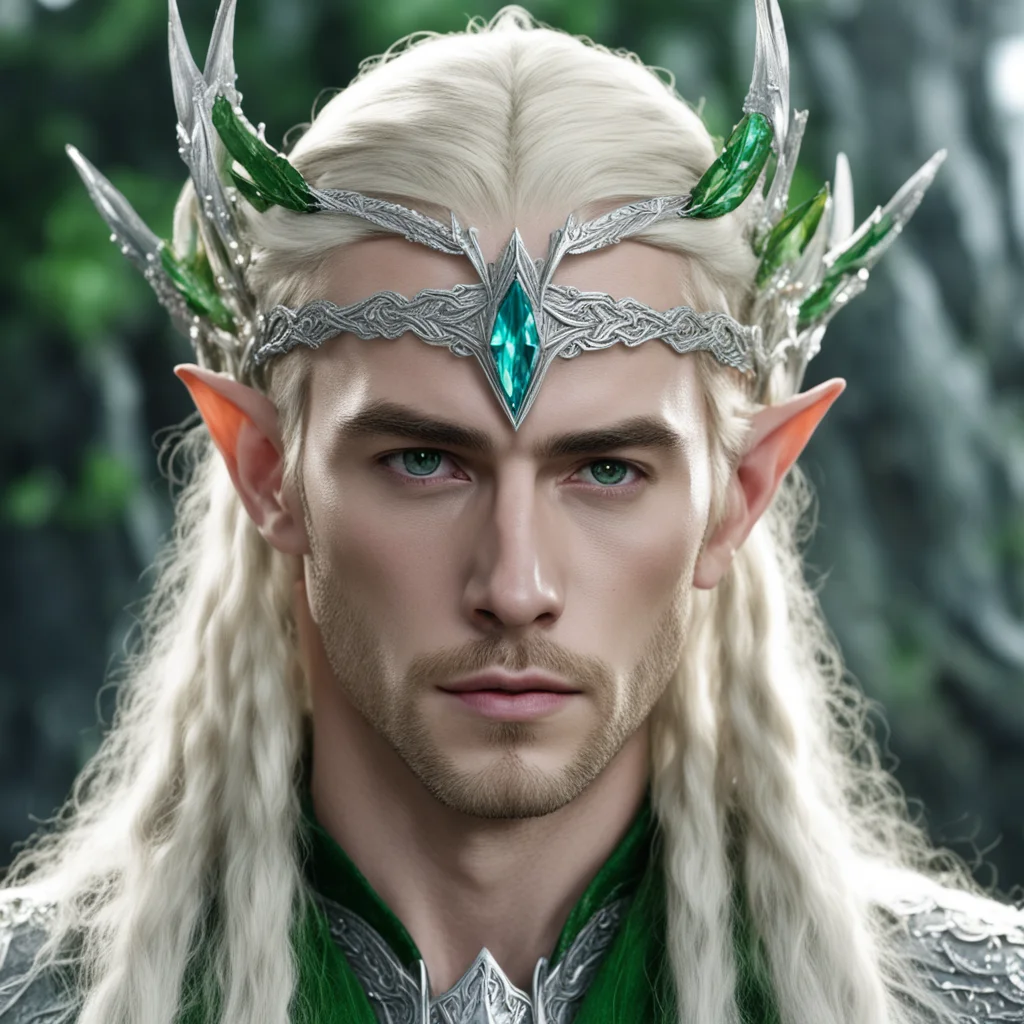 aiking thranduil with blond hair and braids wearing large front facing silver wood elven circlet encrusted with diamonds with large center greenish diamond confident engaging wow artstation art 3
