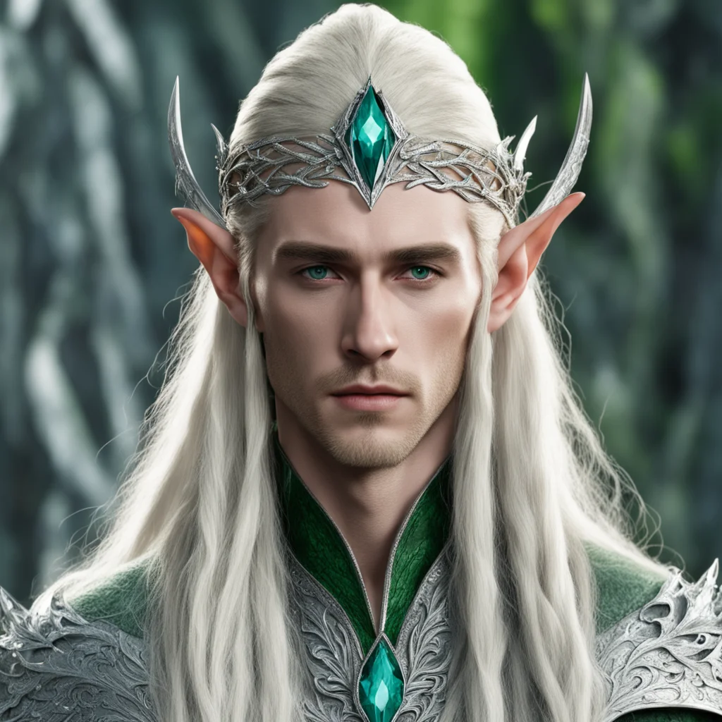 king thranduil with blond hair and braids wearing large front facing silver wood elven circlet encrusted with diamonds with large center greenish diamond good looking trending fantastic 1